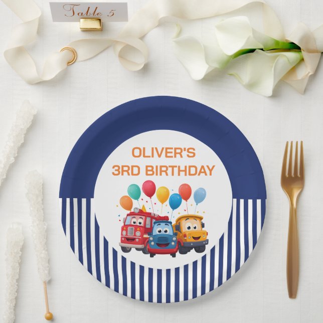 Blue Striped Truck Birthday Theme Pappteller (Hochzeit)