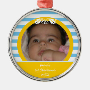 Blue stripes Baby's 1. Weihnachts-Foto Ornament