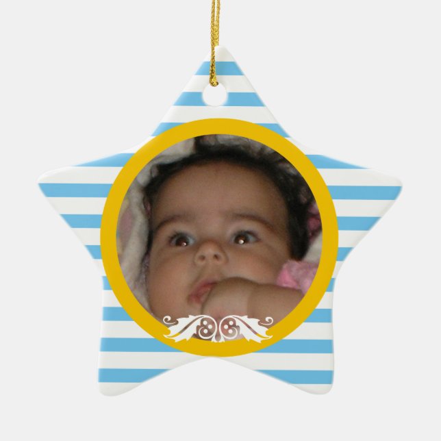 Blue stripes Baby's 1. Weihnachts-Foto Ornament (Vorne)