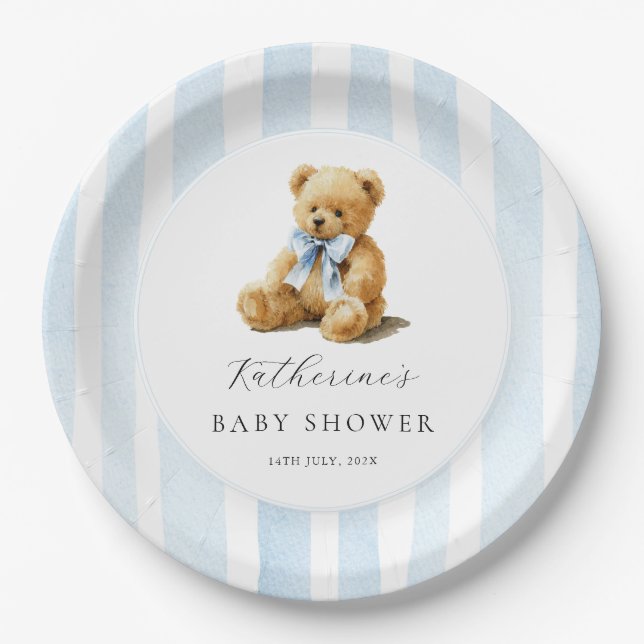 Blue Stripes Bear Baby Shower  Pappteller (Vorderseite)