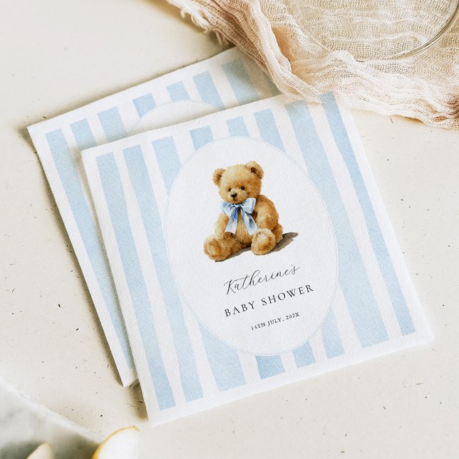 Blue Stripes Bear Baby Shower Welcome Sign Serviette (Von Creator hochgeladen)