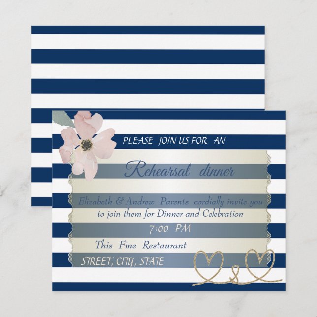 Blue Stripes Blume, Hochzeit Probe Dinner Einladung (Vorne/Hinten)