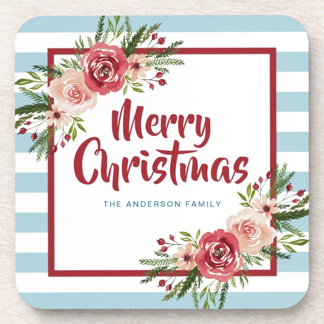 Blue Stripes Blume Watercolor Weihnachten Getränkeuntersetzer (Vorderseite)