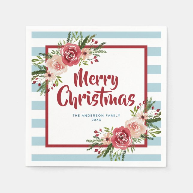 Blue Stripes Blume Watercolor Weihnachten Serviette (Vorderseite)