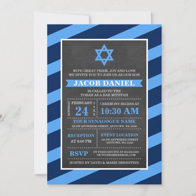 Blue Stripes Chalkboard Bar Mitzvah Einladungen (Vorderseite)