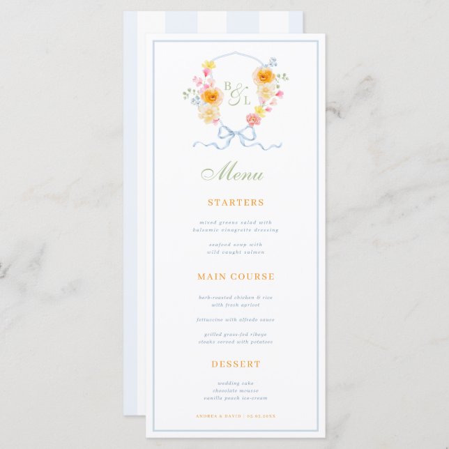 Blue Stripes & Floral Crest Spring Wedding Menu Menükarte (Vorne/Hinten)