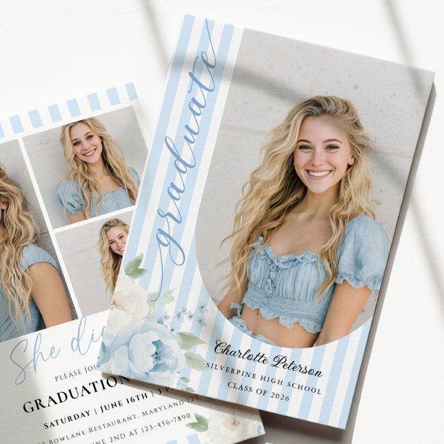 Blue Stripes Floral Graduation Invitation Einladung (Von Creator hochgeladen)