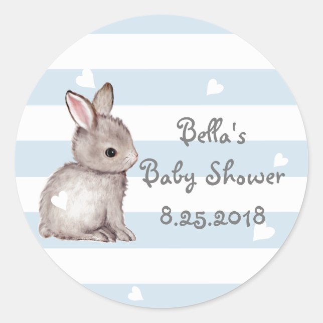 Blue Stripes Heart Bunny Baby Shower Stickers (Vorderseite)