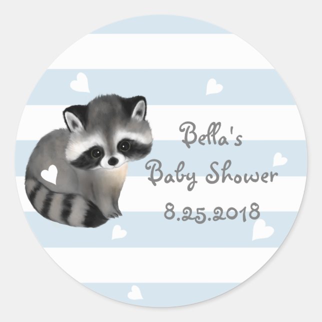 Blue Stripes Heart Raccoon Baby Shower Stickers (Vorderseite)