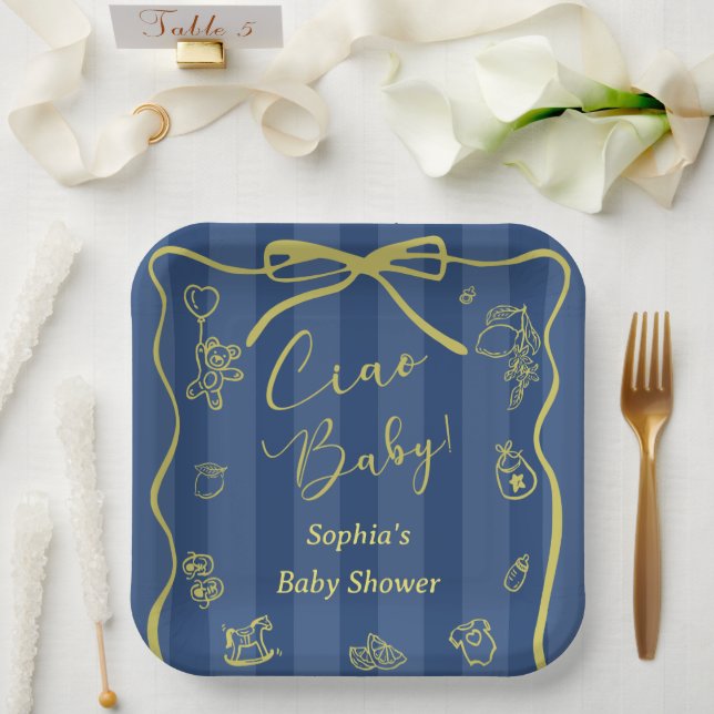 Blue Stripes Italian Themed Ciao Baby Pappteller (Hochzeit)