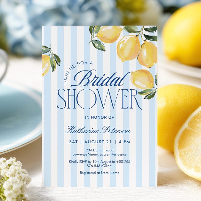 Blue Stripes Lemon Bridal Shower Invitation Einladung (Von Creator hochgeladen)