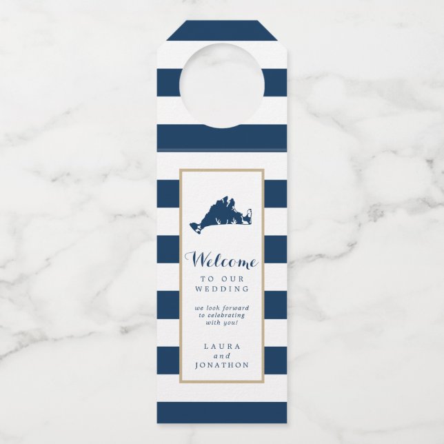 Blue Stripes Marthas Gastgeschenk Hochzeit Flaschenanhänger (Vorderseite)