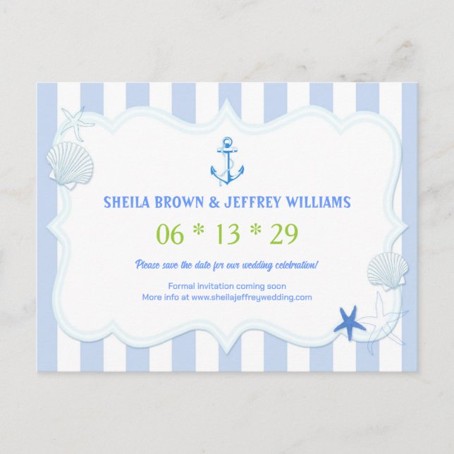 Blue Stripes Nautic Wedding Save the Date Ankündigungspostkarte (Vorderseite)