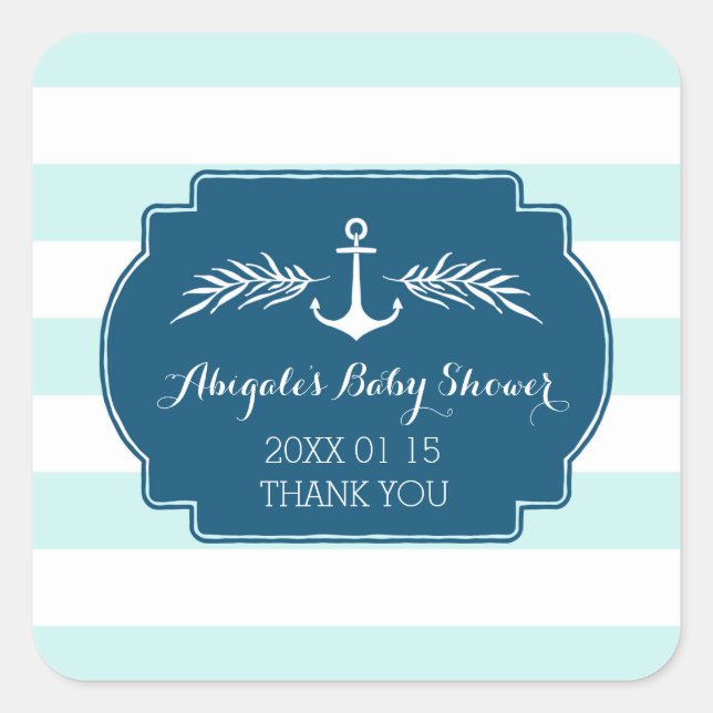 Blue Stripes Nautical Baby Showaufkleber Quadratischer Aufkleber (Vorderseite)