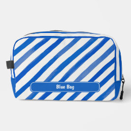 Blue Stripes on White and Text Waschbeutel