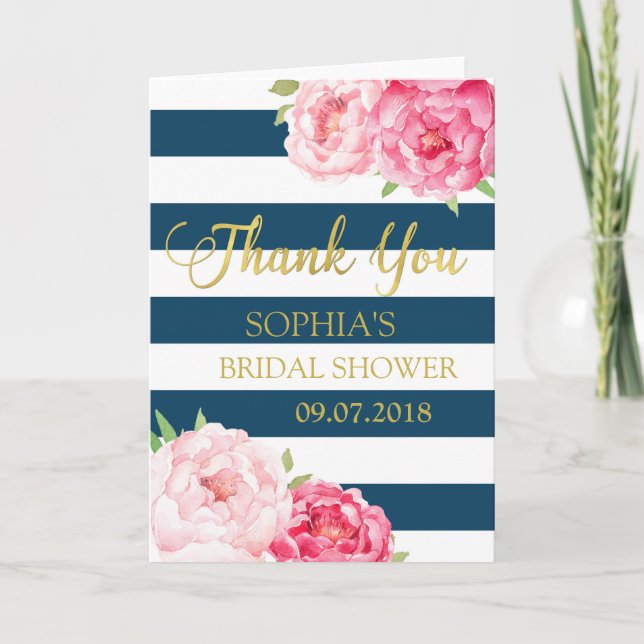 Blue Stripes Pink Floral Brautparty Vielen Dank Dankeskarte (Vorderseite)