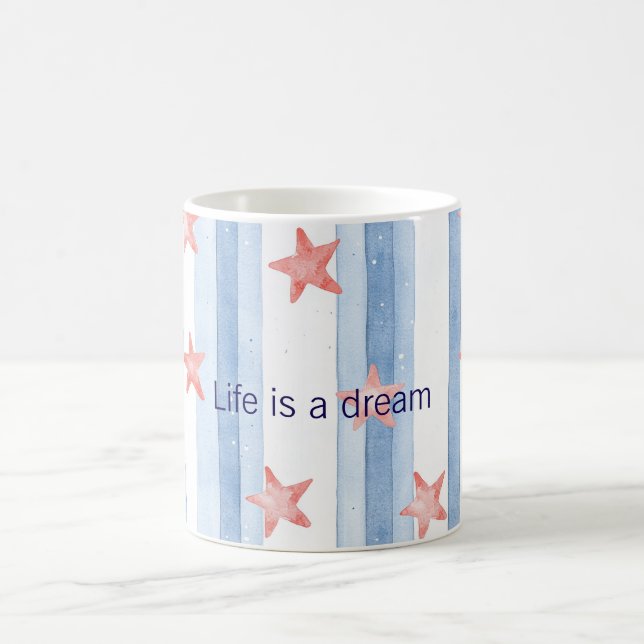 Blue Stripes Red Starfish Stars Life is A Dream Kaffeetasse (Mittel)