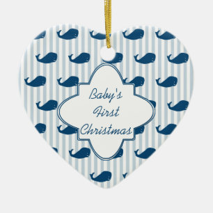Blue Stripes und Whales Baby's First Christmas Cer Keramik Ornament