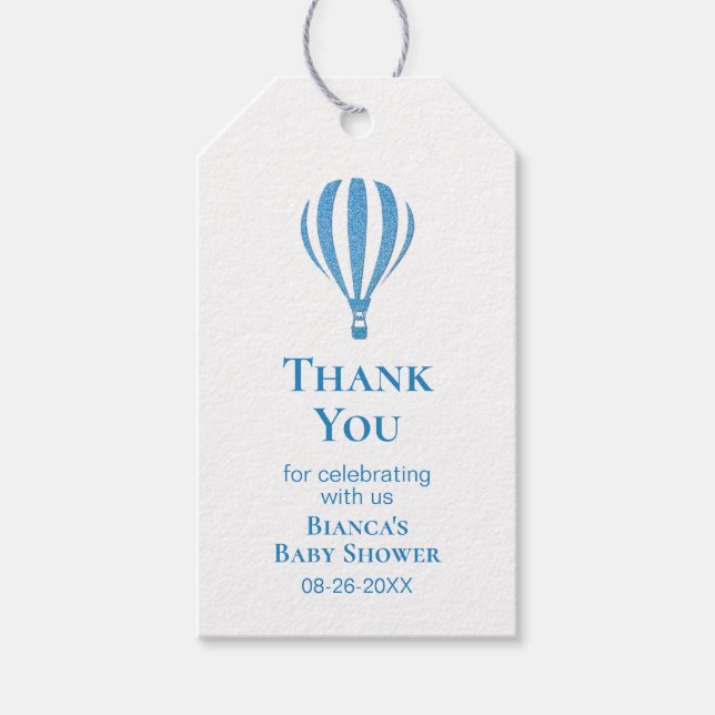 Blue Striping Hot Air Ballon Babydusche Danke Geschenkanhänger (Vorderseite)