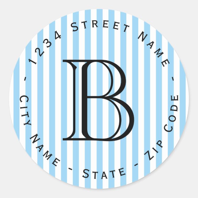 Blue Strips Monogram Rücksendeadresse Runder Aufkleber (Vorderseite)