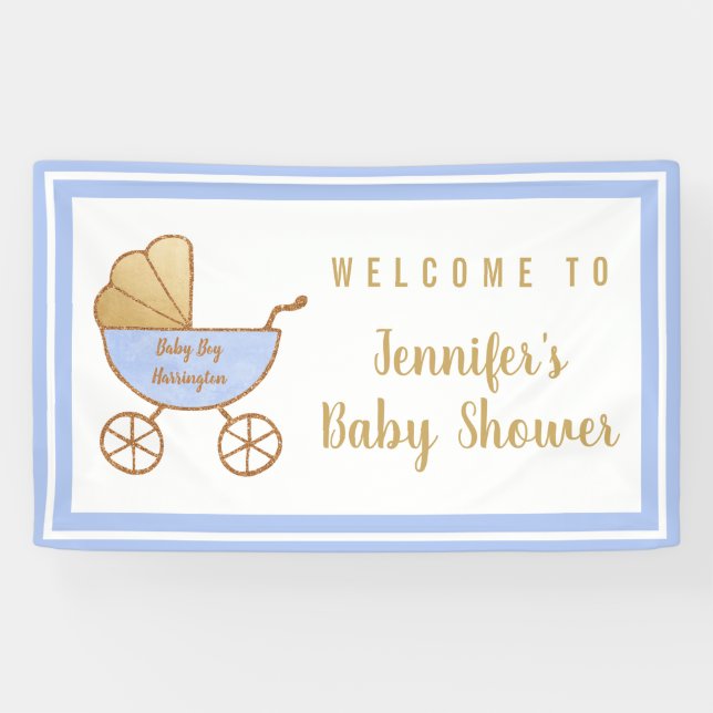 Blue Stroller Baby Boy Dusche Willkommen Banner (Horizontal)