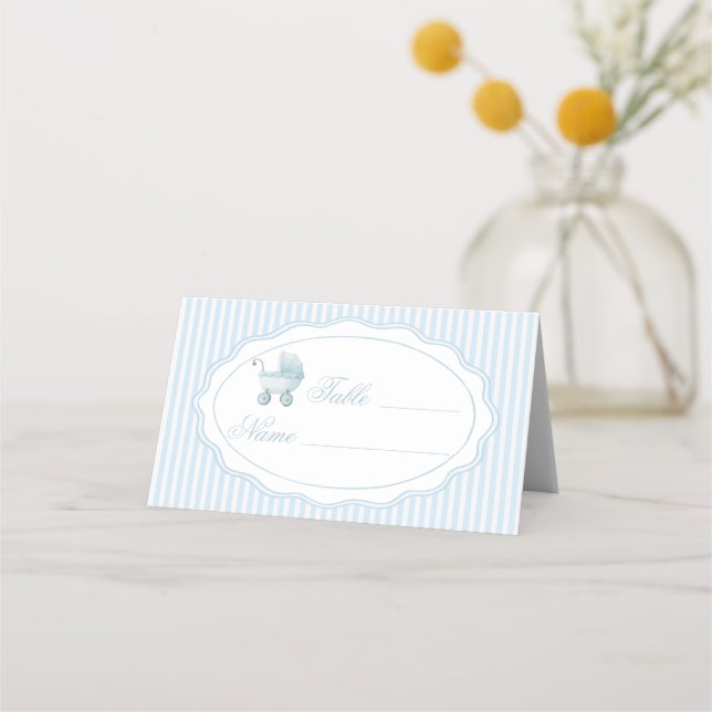 Blue Stroller Baby Boy Shower Table Numbers Platzkarte (Vorderseite)