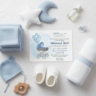 Blue stroller balloon muslim baby boy birth invita einladung