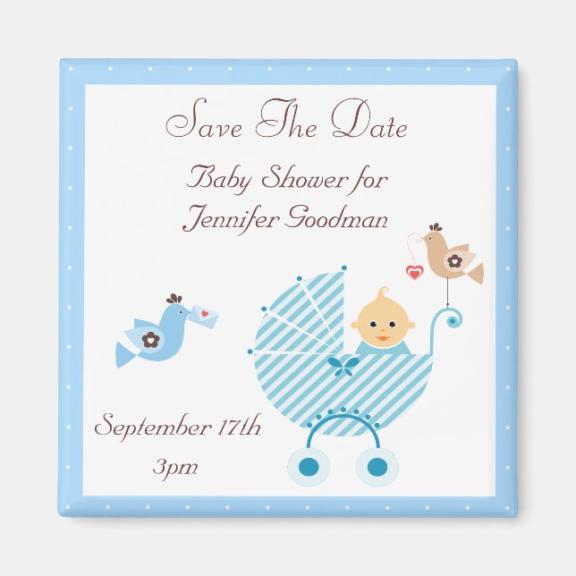 Blue Stroller & Birds Save the Date Baby Shooter Magnet (Vorne)