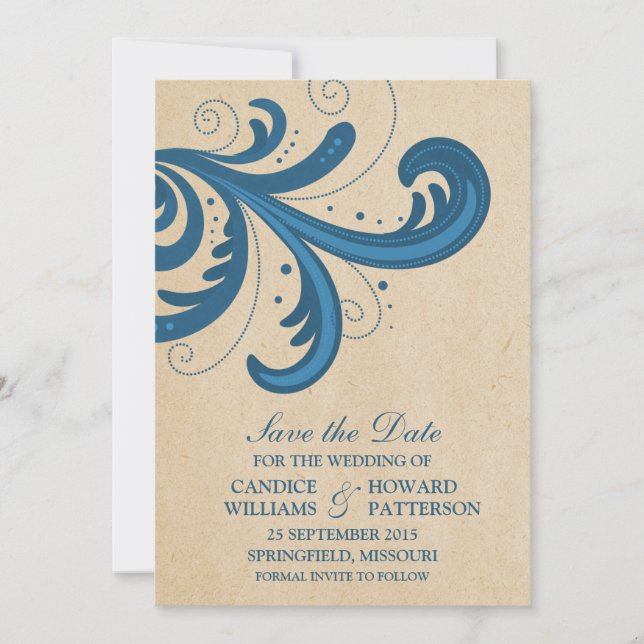 Blue Stylish Wirbel Save the Date laden ein (Vorderseite)