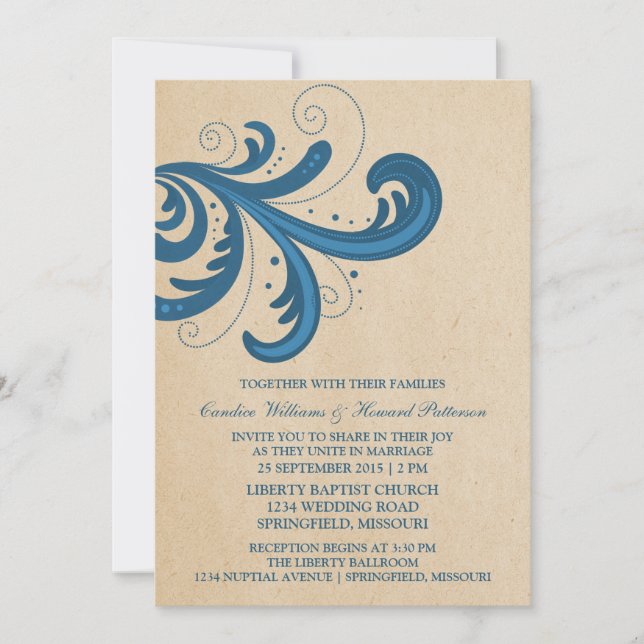 Blue Stylish Wirbel Wedding Invite Einladung (Vorderseite)