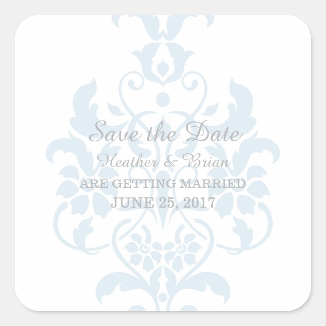 Blue Subtle Damask Save the Date Stickers (Vorderseite)