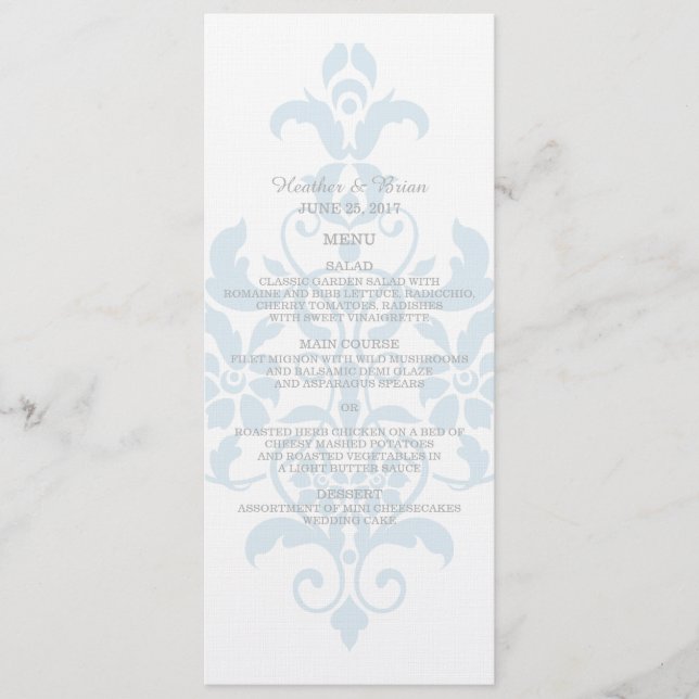 Blue Subtle Damask Wedding Menu Menükarte (Vorderseite)