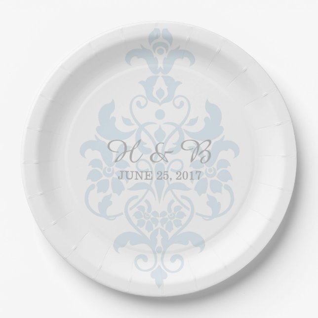 Blue Subtle Damask Wedding Paper Teller (Vorderseite)