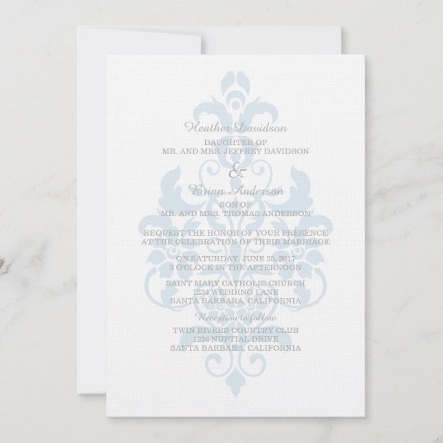 Blue Subtle Damask Wedite Invite Einladung (Vorderseite)