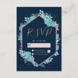 Blue Succules & Rose Gold Wedding RSVP Karte