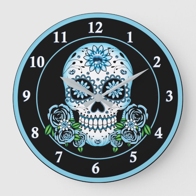 Blue Sugar Skull Große Wanduhr (Vorderseite)
