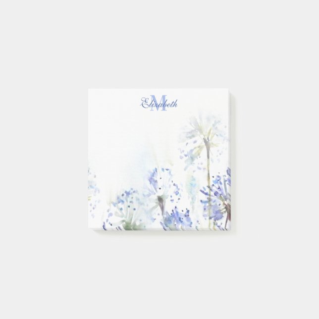 Blue summer flowers watercolor sketch monogrammed post-it klebezettel (Vorderseite)