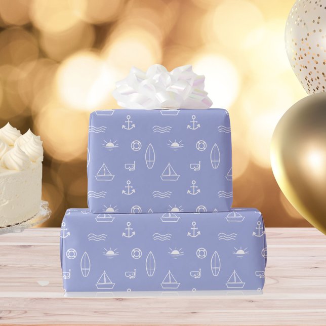 Blue Summer Ocean Line Kunst Nahtloses Muster Geschenkpapier (In situ)