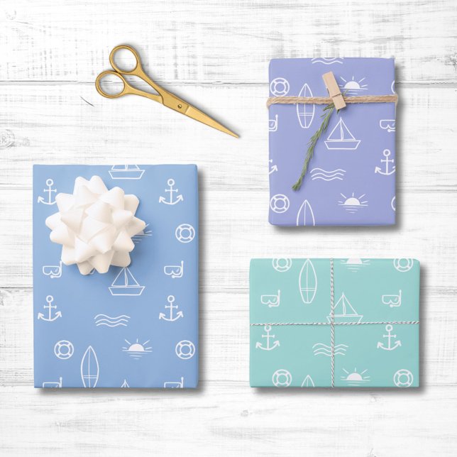 Blue Summer Ocean Line Kunst Nahtloses Muster Geschenkpapier Set (In situ)
