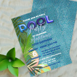 Blue Summer Pool Party 16. Geburtstagsfeier Einladung<br><div class="desc">Lassen Sie sich von dieser zeitgenössischen und personalisierten Einladung verzaubern, die die Stimmung für Ihre kommende 16. Geburtstagsparty perfekt Set. Ein lebendiger orangefarbener Poolring, üppiges tropisches Grün und ein belebter Ball sorgen für ein zauberhaftes Azurblau, das den Mittelpunkt für Sommerspass bildet. Ein aufgeblasener plastikartiger Schriftart betont das Wasserthema, wobei das...</div>