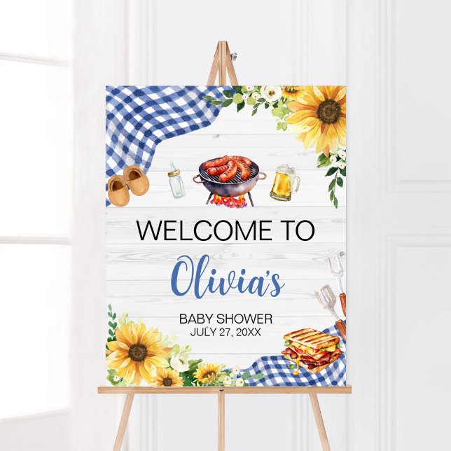 Blue Sunflower GRILLEN Baby Dusche Willkommen Poster (Boy Picnic Backyard Baby Shower Welcome Sign)