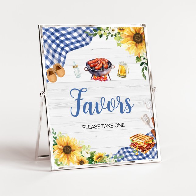 Blue Sunflower GRILLEN Baby Shower Favoriten Poster (Boy Picnic Backyard Baby Shower Favors Sign)