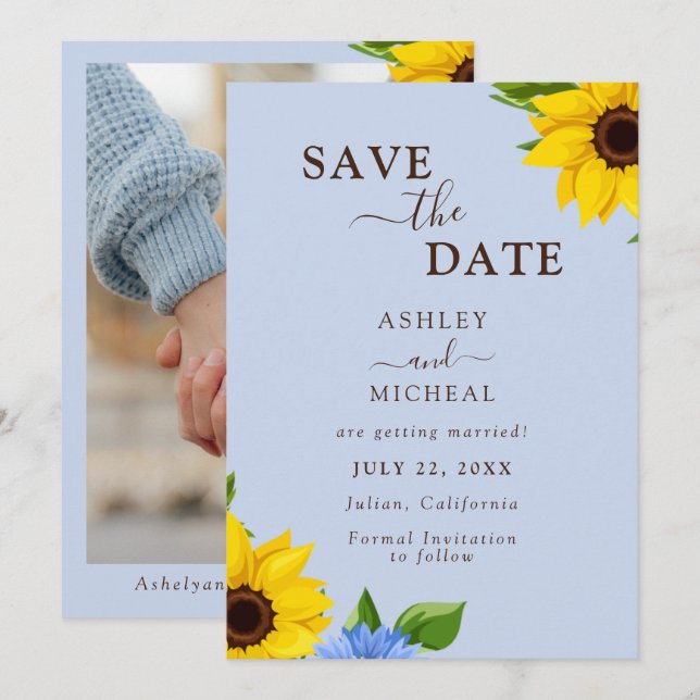 Blue Sunflower Hochzeitkarte Save the Date (Vorne/Hinten)