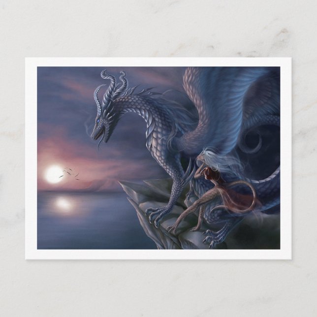 Blue Sunset Dragon Postcard | Faszinierende Fantas Postkarte (Vorderseite)