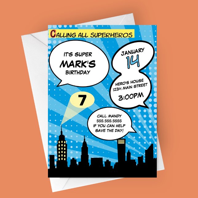 Blue Superheros Comic Book Styling Birthday Party Einladung (Blue Comic Book Superheros Birthday Party Invitation)
