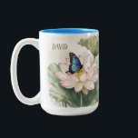 Blue Swallowtail Butterfly With Lotus Flower Name Zweifarbige Tasse<br><div class="desc">A vibrant Blue Swallowtail butterfly alights on a delicate lotus flower, surrounded by lush green foliage. The scene is rendered in a luminous, intricate style reminiscent of botanical illustrations, with subtle watercolor washes and fine linework. Inspired by the detailed naturalism of Ernst Haeckel and the elegant floral art of Arthur...</div>