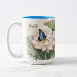Blue Swallowtail Butterfly With Lotus Flower Name Zweifarbige Tasse