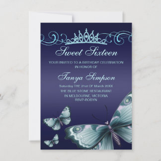 Blue Sweet16 Butterfly & Tiara Birthday Invite Einladung