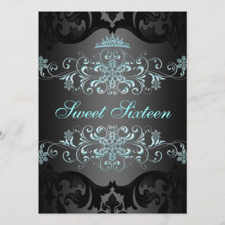 Blue Sweet16 Elegant Tiara Damask Geburtstag Einla Einladung