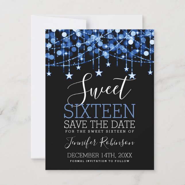Blue Sweet 16 Funkelnd String Lights Rett Date Save The Date (Vorderseite)
